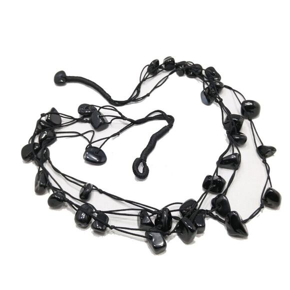 Vintage Black Gemstone Three Cord Necklace, Black Quartz, 23 Inches - Picture 3 of 10